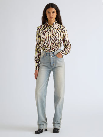 Proenza Schouler Front full length image of model wearing Ansel Top in Printed SoftTwill in Acid Multi