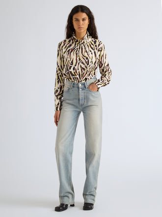 Proenza Schouler Front full length image of model wearing Ansel Top in Printed SoftTwill in Acid Multi