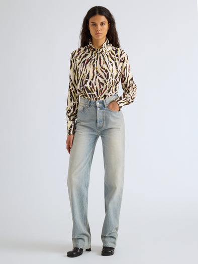 Proenza Schouler Front full length image of model wearing Ansel Top in Printed SoftTwill in Acid Multi