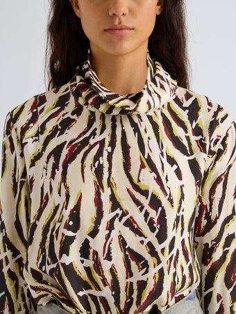 Proenza Schouler Detail image of model wearing Ansel Top in Printed SoftTwill in Acid Multi