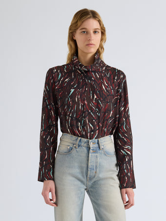 Proenza Schouler Front cropped image of model wearing Ansel Top in Printed SoftTwill in Coffee Multi