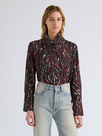 Proenza Schouler Front cropped image of model wearing Ansel Top in Printed SoftTwill in Coffee Multi