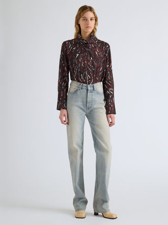 Proenza Schouler Front full length image of model wearing Ansel Top in Printed SoftTwill in Coffee Multi
