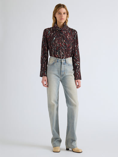 Proenza Schouler Front full length image of model wearing Ansel Top in Printed SoftTwill in Coffee Multi