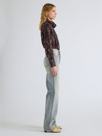Proenza Schouler Side full length image of model wearing Ansel Top in Printed SoftTwill in Coffee Multi