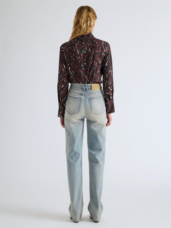 Proenza Schouler Back full length image of model wearing Ansel Top in Printed SoftTwill in Coffee Multi