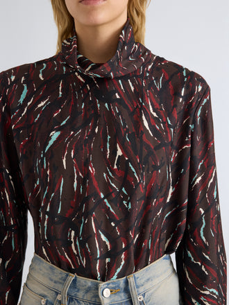 Proenza Schouler Detail image of model wearing Ansel Top in Printed SoftTwill in Coffee Multi