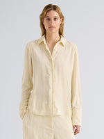 Proenza Schouler Front cropped image of model wearing Madi Top in Crushed Velvet in Pale Lemon