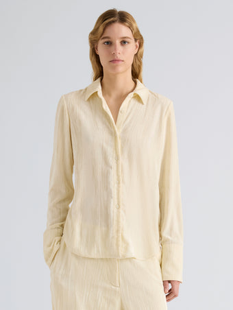 Proenza Schouler Front cropped image of model wearing Madi Top in Crushed Velvet in Pale Lemon