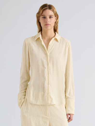 Proenza Schouler Front cropped image of model wearing Madi Top in Crushed Velvet in Pale Lemon