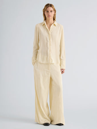 Proenza Schouler Front full length image of model wearing Madi Top in Crushed Velvet in Pale Lemon