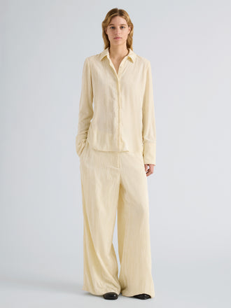 Proenza Schouler Front full length image of model wearing Madi Top in Crushed Velvet in Pale Lemon