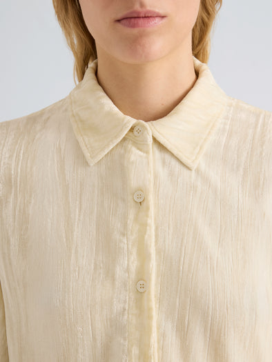Proenza Schouler Detail image of model wearing Madi Top in Crushed Velvet in Pale Lemon