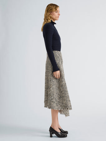 Proenza Schouler Side full length image of model wearing Layne Skirt in Tweed in Black White