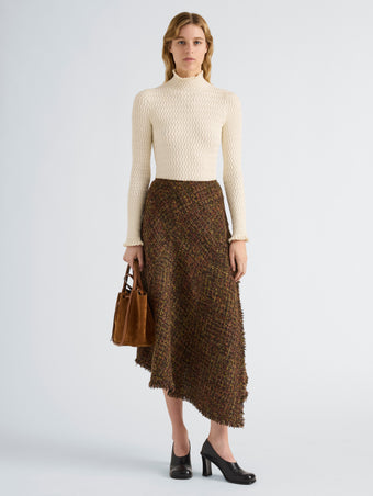 Proenza Schouler Front full length image of model wearing Layne Skirt in Tweed in Henna Multi