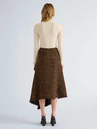 Proenza Schouler Back full length image of model wearing Layne Skirt in Tweed in Henna Multi