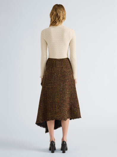 Proenza Schouler Back full length image of model wearing Layne Skirt in Tweed in Henna Multi