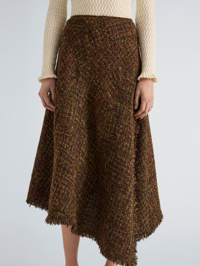 Proenza Schouler Detail image of model wearing Layne Skirt in Tweed in Henna Multi