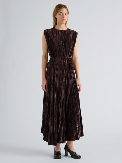 Proenza Schouler Front full length image of model wearing Daphne Skirt in Crushed Velvet in Coffee