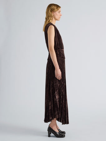 Proenza Schouler Side full length image of model wearing Daphne Skirt in Crushed Velvet in Coffee