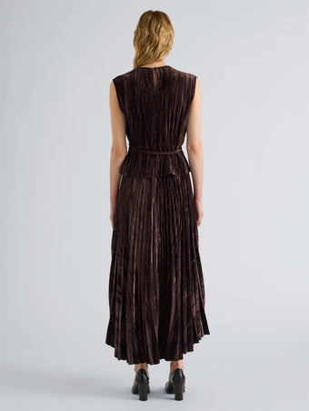 Proenza Schouler Back full length image of model wearing Daphne Skirt in Crushed Velvet in Coffee