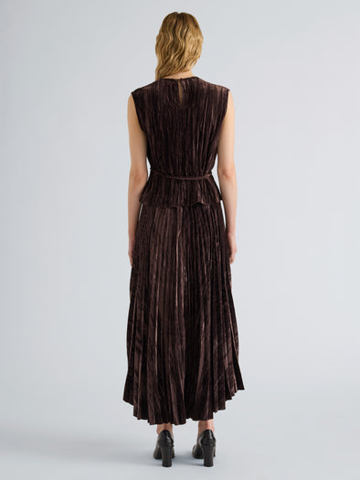 Proenza Schouler Back full length image of model wearing Daphne Skirt in Crushed Velvet in Coffee