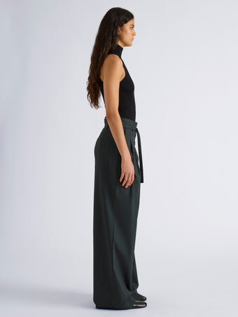Proenza Schouler Side full length image of model wearing Raver Pant in Stretch Cotton in Dark Green
