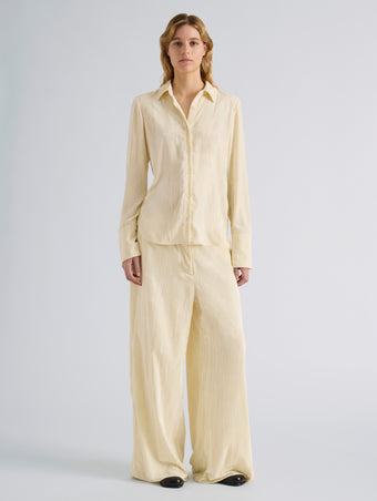 Proenza Schouler Front full length image of model wearing Meadow Pant in Crushed Velvet in Pale Yellow