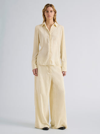 Proenza Schouler Front full length image of model wearing Meadow Pant in Crushed Velvet in Pale Yellow
