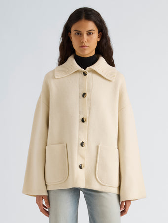 Proenza Schouler Front cropped image of model wearing Nelly Jacket in Melange Merino in White