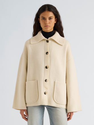 Proenza Schouler Front cropped image of model wearing Nelly Jacket in Melange Merino in White
