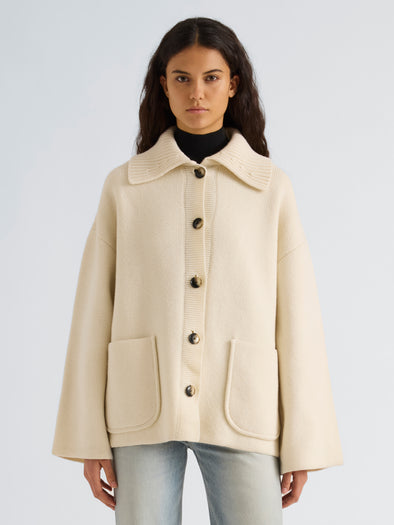 Proenza Schouler Front cropped image of model wearing Nelly Jacket in Melange Merino in White