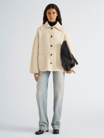 Proenza Schouler Front full length image of model wearing Nelly Jacket in Melange Merino in White