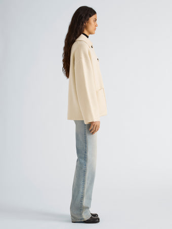 Proenza Schouler Side full length image of model wearing Nelly Jacket in Melange Merino in White