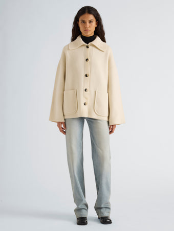 Proenza Schouler Front full length image of model wearing Lyra Top in LW Faux Leather in Oxblood