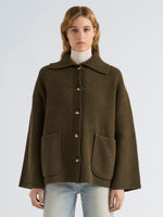 Proenza Schouler Front cropped image of model wearing Nelly Jacket in Melange Merino in Olive