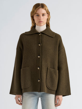 Proenza Schouler Front cropped image of model wearing Nelly Jacket in Melange Merino in Olive