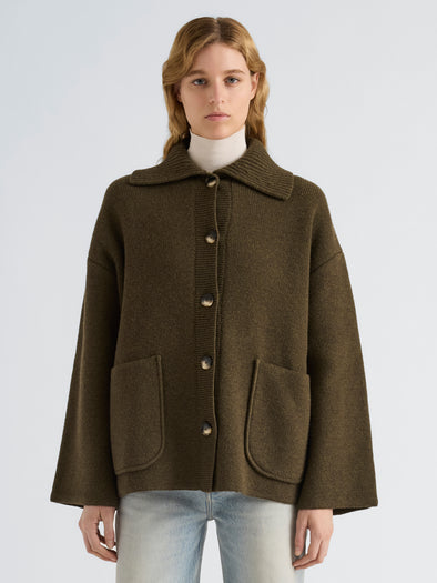 Proenza Schouler Front cropped image of model wearing Nelly Jacket in Melange Merino in Olive
