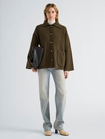 Proenza Schouler Front full length image of model wearing Nelly Jacket in Melange Merino in Olive