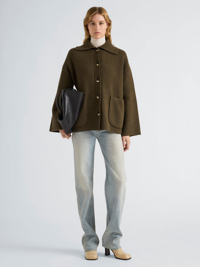 Proenza Schouler Front full length image of model wearing Nelly Jacket in Melange Merino in Olive