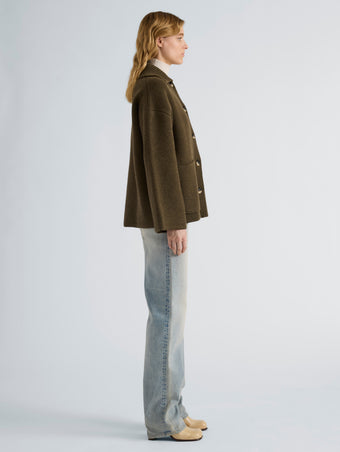 Proenza Schouler Side full length image of model wearing Nelly Jacket in Melange Merino in Olive