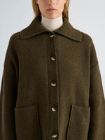 Proenza Schouler Detail image of model wearing Nelly Jacket in Melange Merino in Olive