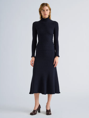 Proenza Schouler Front full length image of model wearing Lyra Top in LW Faux Leather in Oxblood