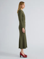 Proenza Schouler Side full length image of model wearing Magnolia Skirt in Cable Knit in Dark Olive