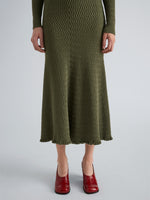 Proenza Schouler Detail image of model wearing Magnolia Skirt in Cable Knit in Dark Olive