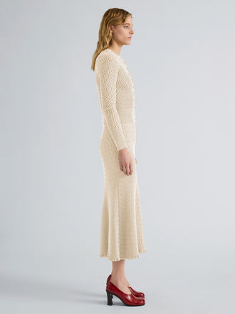 Proenza Schouler Side full length image of model wearing Marci Cardigan in Cable Knit in Vanilla