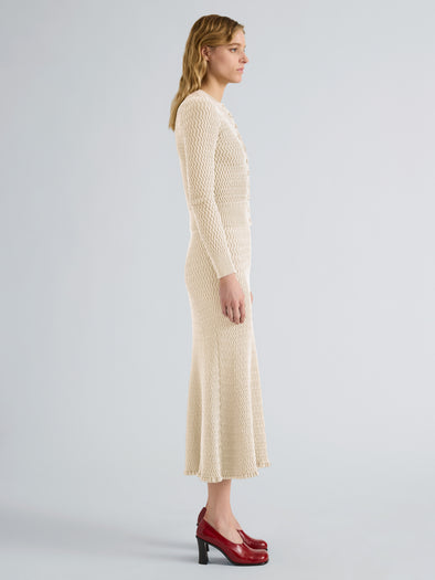 Proenza Schouler Side full length image of model wearing Marci Cardigan in Cable Knit in Vanilla