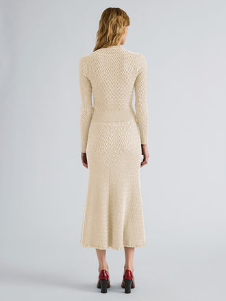 Proenza Schouler Back full length image of model wearing Marci Cardigan in Cable Knit in Vanilla