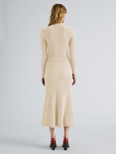 Proenza Schouler Back full length image of model wearing Marci Cardigan in Cable Knit in Vanilla