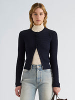 Proenza Schouler Front cropped image of model wearing Marci Cardigan in Cable Knit in Navy